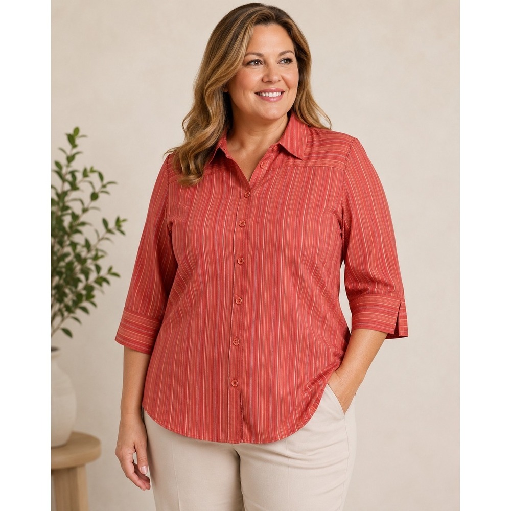 Stretton DCC Women's 1X Coral Striped Button Front Shirt 3/4 Sleeve Stretch Top